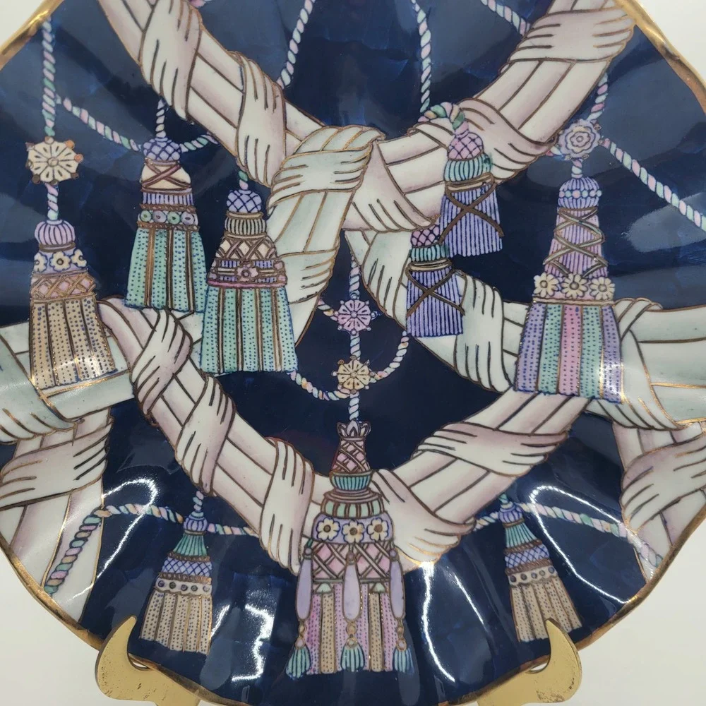 HFP Macau Hand Painted Porcelain Tassel Plate Cobalt Blue Scalloped Gold Rim 10